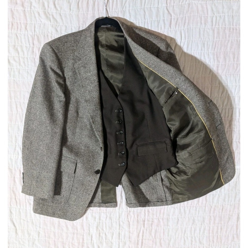 Vintage 1970s Taupe Wool Donegal Fleck Tweed Blazer Reversible Vest Union 38S - Picture 2 of 16